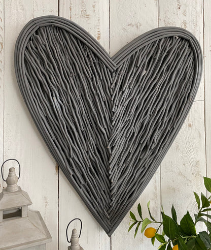 Large Wicker Wall Heart Grey